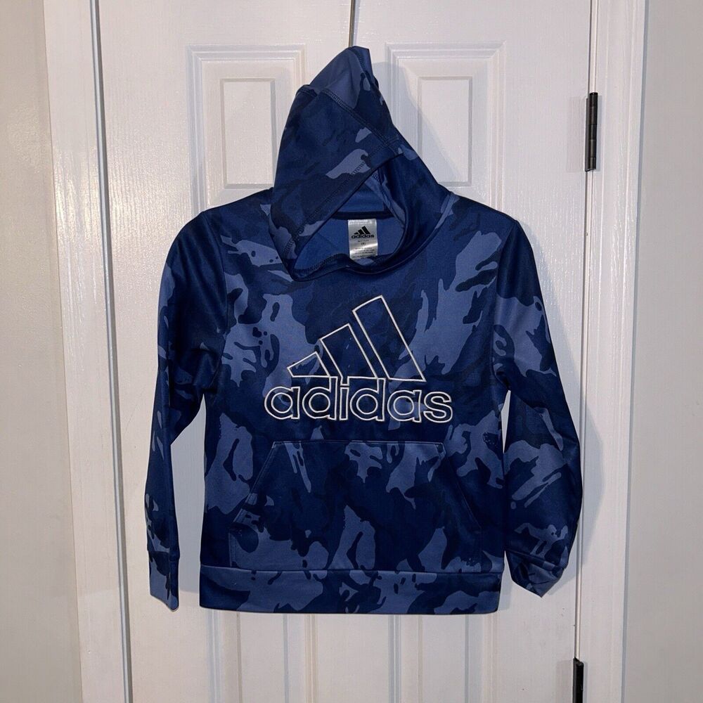 Boy's Adidas Camo Blue Hoodie Sweatshirt Pullover Long Sleeve Size S (8)